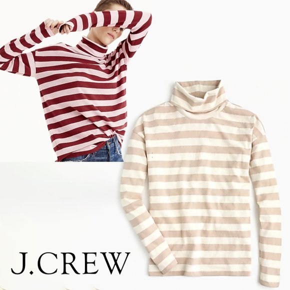 NWT J.Crew deck striped turtleneck T-shirt, pink, cream/off white, size S Small - Picture 2 of 6